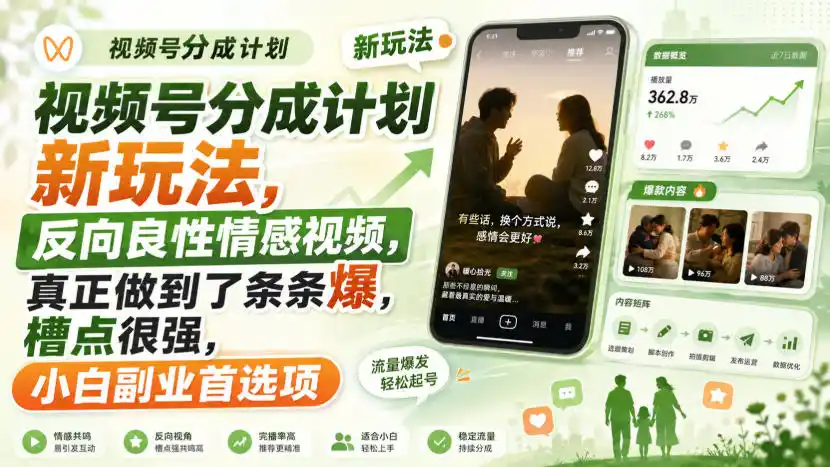 视频号分成计划新玩法，反向良性情感视频，真正做到了条条爆，槽点很强，小白副业首选项-百盟网