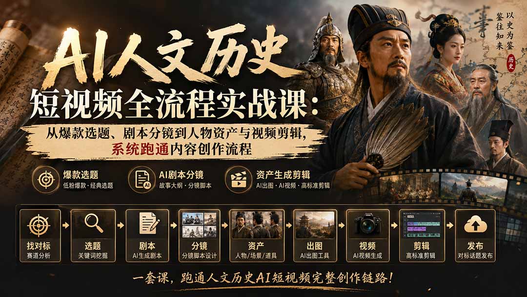 AI人文历史短视频全流程实战课:从爆款选题、剧本分镜到人物资产与视频剪辑,系统跑通内容创作流程-百盟网