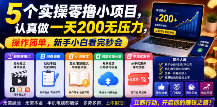 5个实操零撸小项目，认真做一天200无压力，操作简单，新手小白看完秒会【揭秘】-百盟网