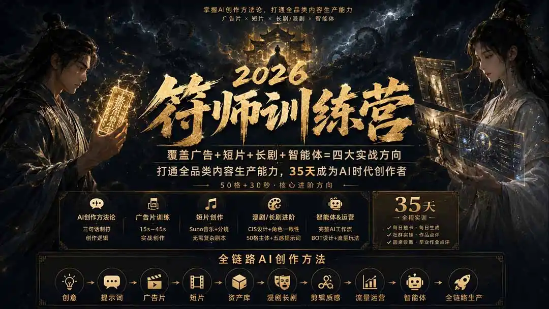 符师训练营-35天成为AI时代创作者，广告+短片+漫剧+智能体四大实战方向，掌握从创意到上线的完整工作流