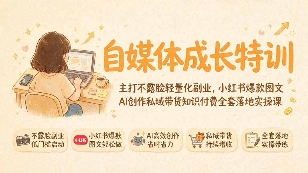 自媒体成长特训｜主打不露脸轻量化副业，小红书爆款图文AI创作私域带货知识付费全套落地实操课-百盟网