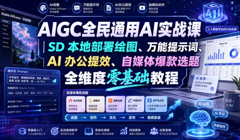 AIGC全民通用AI实战课｜SD本地部署绘图、万能提示词、AI办公提效、自媒体爆款选题全维度零基础教程-百盟网