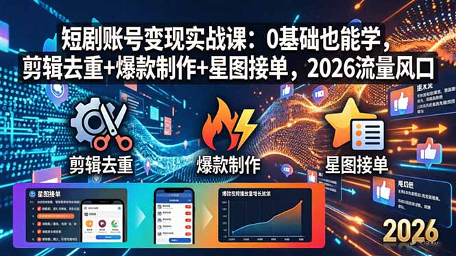 短剧账号变现实战课:0基础也能学,剪辑去重+爆款制作+星图接单,2026流量风口-百盟网
