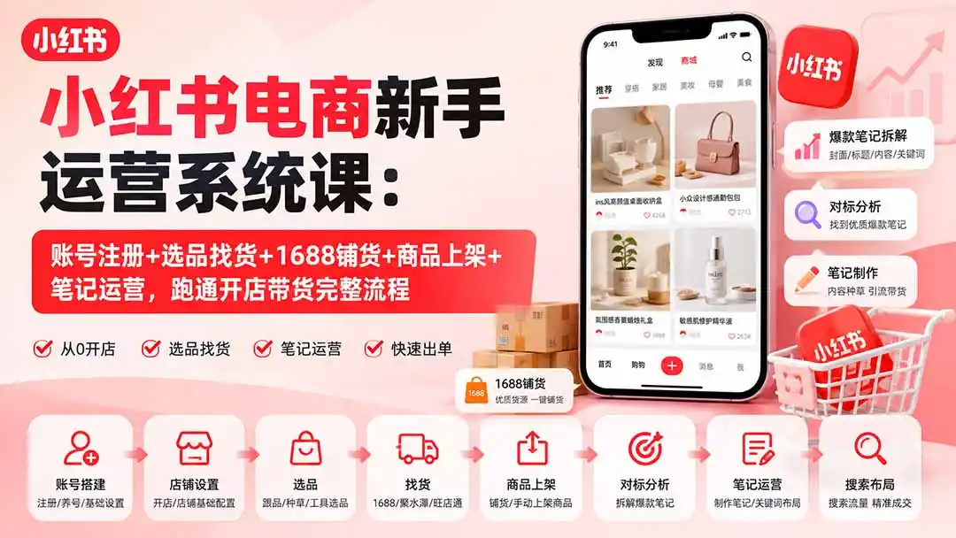 小红书电商新手运营系统课:账号注册+选品找货+1688铺货+商品上架+笔记运营,跑通开店带货完整流程 小红书电商新手运营系统课:账号注册+选品找货+1688铺货+商品上架+笔记运营,跑通开店带货完整流程