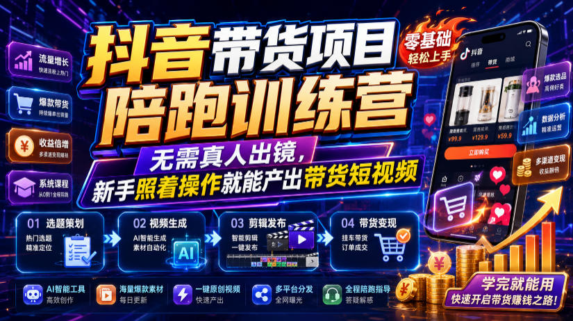 抖音带货项目陪跑训练营，无需真人出镜，新手照着操作就能产出带货短视频-百盟网