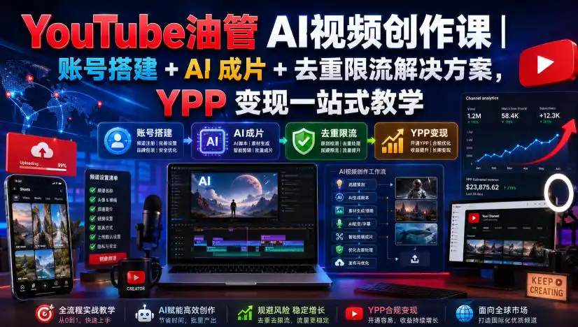 YouTube油管AI视频创作课|账号搭建+AI成片+去重限流解决方案,YPP变现一站式教学(更新0809)-百盟网
