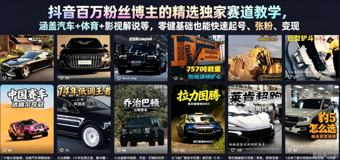 抖音百万粉丝博主的精选独家赛道教学,涵盖汽车+体育+影视解说等,零基础也能快速起号、涨粉、变现(更新0701)-百盟网