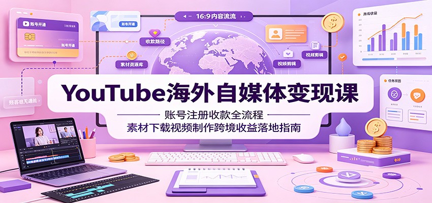 YouTube海外自媒体变现课：账号注册收款全流程，素材下载视频制作跨境收益落地指南-百盟网