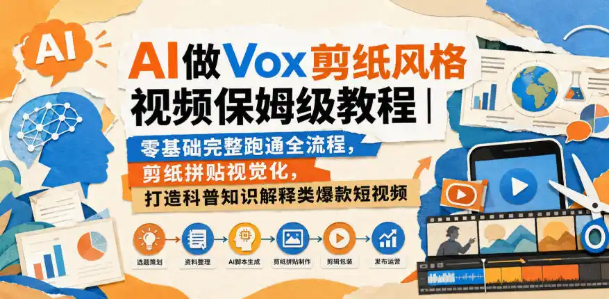 AI做Vox剪纸风格视频保姆级教程｜零基础完整跑通全流程，剪纸拼贴视觉化，打造科普知识解释类爆款短视频-百盟网