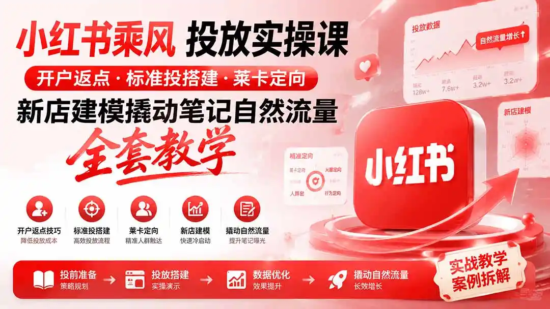 小红书乘风投放-100分钟实操课|开户返点·标准投搭建·莱卡定向,新店建模撬动笔记自然流量全套教学-百盟网
