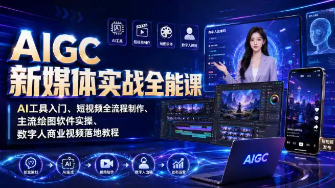 AIGC新媒体实战全能课|AI工具入门、短视频全流程制作、主流绘图软件实操、数字人商业视频落地教程-百盟网