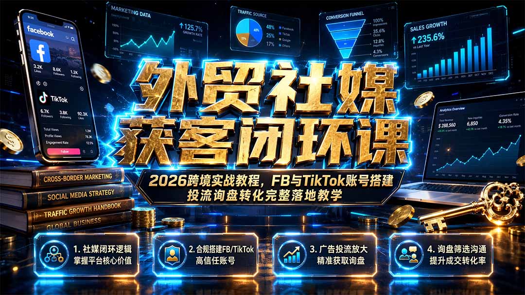 外贸社媒获客闭环课｜2026跨境实战教程，FB与TikTok账号搭建投流询盘转化完整落地教学-百盟网