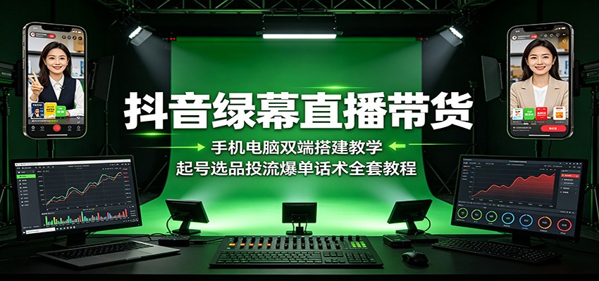 抖音绿幕直播带货：手机电脑双端搭建教学，起号选品投流爆单话术全套教程-百盟网
