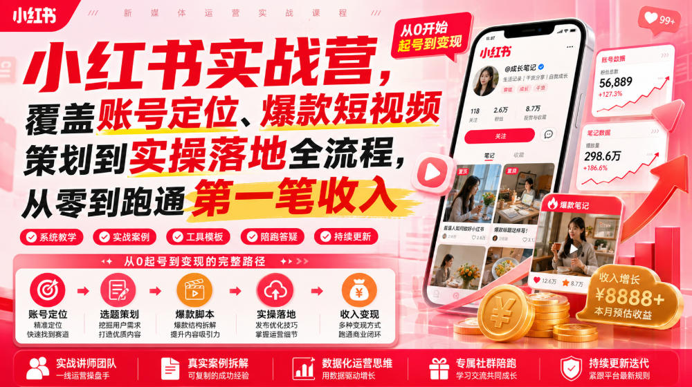 小红书实战营，覆盖账号定位、爆款短视频策划到实操落地全流程，从零到跑通第一笔收入-百盟网