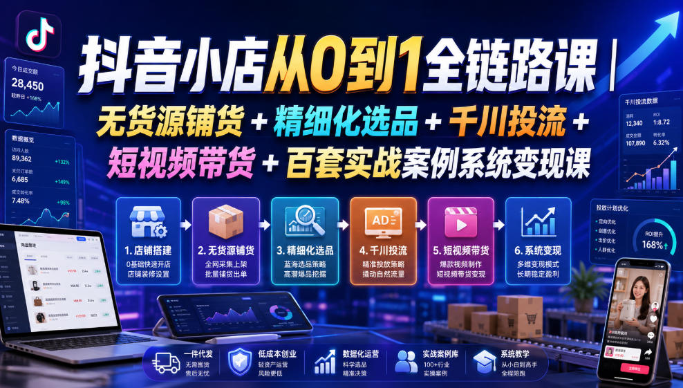 抖音小店从0到1全链路课｜无货源铺货+精细化选品+千川投流+短视频带货+百套实战案例系统变现课(2026年7月更新)-百盟网