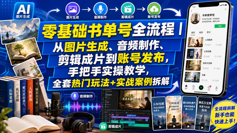 零基础书单号全流程｜从图片生成、音频制作、剪辑成片到账号发布，手把手实操教学，全套热门玩法+实战案例拆解-百盟网