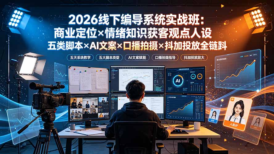 2026线下编导系统实战班：商业定位×情绪知识获客观点人设五类脚本×AI文案×口播拍摄×抖加投放全链路-百盟网