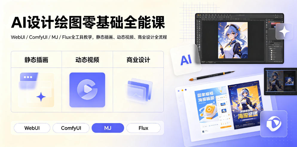 AI设计绘图零基础全能课｜WebUI/ComfyUI/MJ/Flux全工具教学，静态插画、动态视频、商业设计全流程-百盟网
