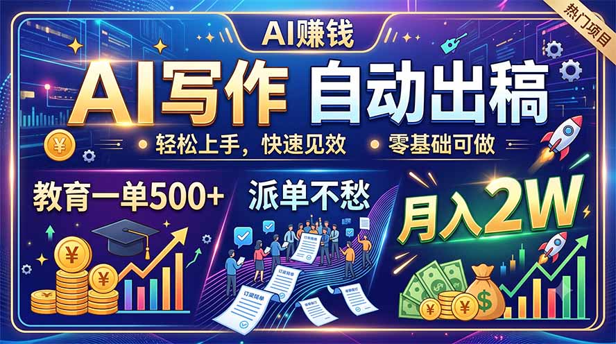 AI写作自动出稿,教育一单500+,派单不愁,月入2W-百盟网