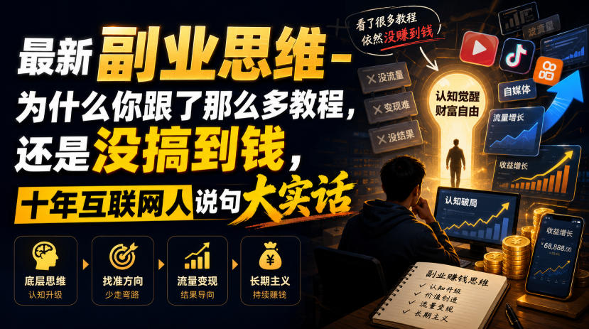 最新副业思维-为什么你跟了那么多教程，还是没搞到钱，十年互联网人说句大实话【揭秘】-百盟网