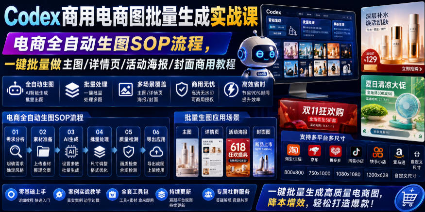 Codex商用电商图批量生成实战课｜电商全自动生图SOP流程，一键批量做主图/详情页/活动海报/封面商用教程-百盟网