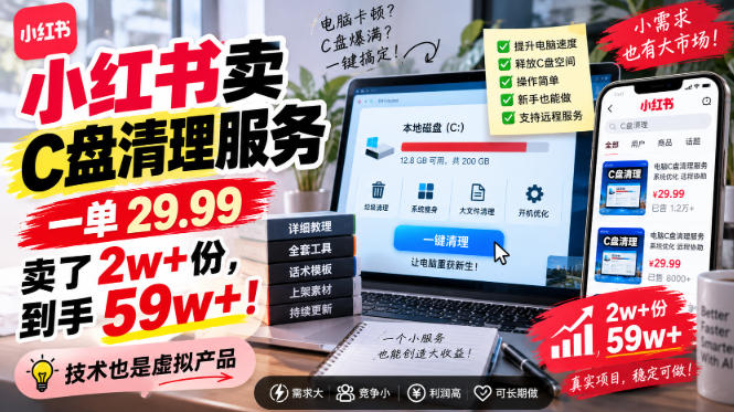 小红书卖C盘清理服务，一单29.99，卖了2w+份，技术也是虚拟产品-百盟网
