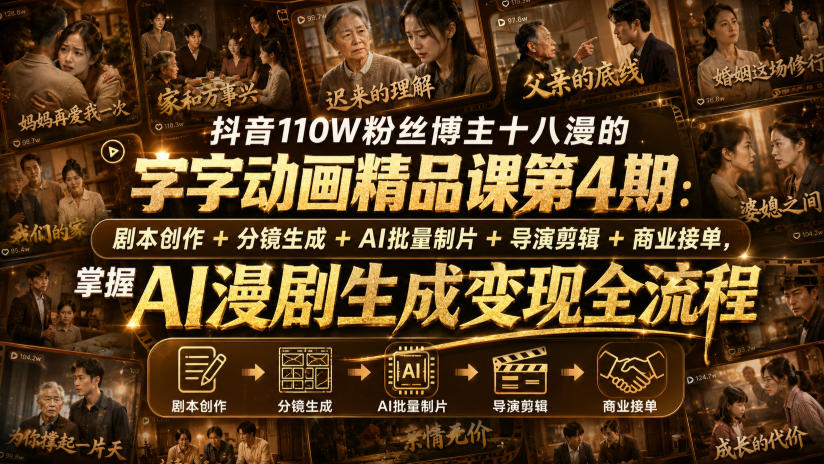 抖音110W粉丝博主十八漫的字字动画精品课第4期:剧本创作+分镜生成+剪辑+商业接单,掌握AI漫剧生成变现全流程-百盟网