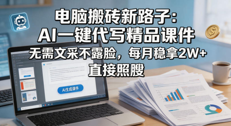 电脑搬砖新路子：AI一键代写精品课件，无需文采不露脸，每月稳拿2W+，直接照搬-百盟网