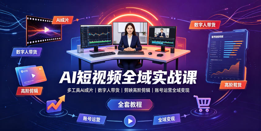 AI短视频全域实战课｜多工具AI成片、数字人带货、剪映高阶剪辑、账号运营全域变现全套教程-百盟网
