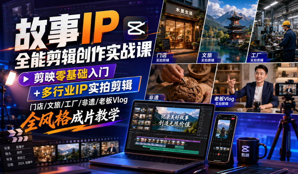故事IP全能剪辑创作实战课｜剪映零基础入门+多行业IP实拍剪辑，门店/文旅/工厂/非遗/老板Vlog全风格成片教学-百盟网