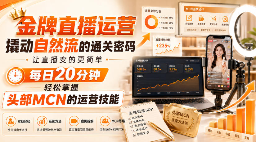 金牌直播运营撬动自然流的通关密码,让直播变的更简单,每日20分钟,轻松掌握头部MCN的运营技能-百盟网